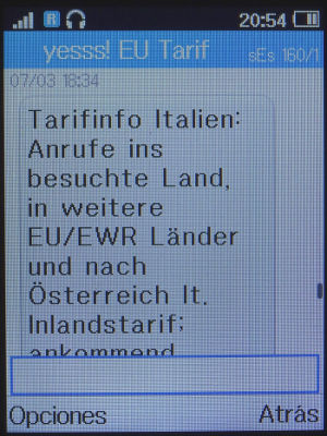 yesss!, prepaid UMTS SIM Karte, Österreich, Roaming Info Italien 2019 auf einem ALCATEL 2051 Mobiltelefon