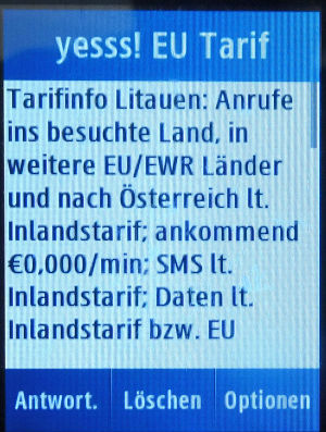 yesss!, prepaid UMTS SIM Karte, Österreich, Roaming Info Litauen 2019 auf einem Samsung GT–C3300K