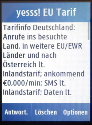 yesss!, prepaid UMTS SIM Karte, Österreich, Roaming Info Deutschland 2019 auf einem Samsung GT–C3300K