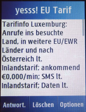 yesss!, prepaid UMTS SIM Karte, Österreich, Roaming Info Luxemburg 2019 auf einem Samsung GT–C3300K