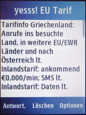 yesss!, prepaid UMTS SIM Karte, Österreich, Roaming Info Griechenland 2019 auf einem Samsung GT–C3300K