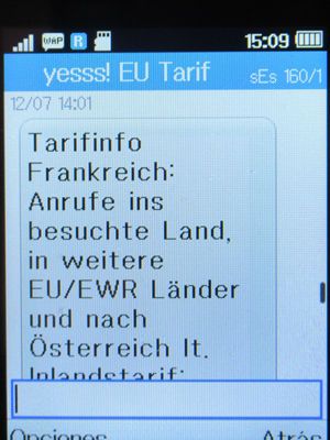 yesss!, prepaid UMTS SIM Karte, Österreich, Roaming Info Frankreich 2020 auf einem Alcatel 2051X