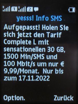 yesss!, prepaid UMTS SIM Karte, Österreich, SMS Complete L Tarifpaket September 2022 auf einem NOKIA 150 Dual SIM Mobiltelefon