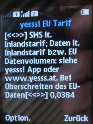 yesss!, prepaid UMTS SIM Karte, Österreich, SMS Roaming Informationen Niederlande auf einem NOKIA 150 Dual SIM Mobiltelefon