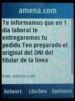 amena.com internet 4G en casa, Vertrag, Spanien, SMS Versandmitteilung auf einem Samsung GT–C3300K