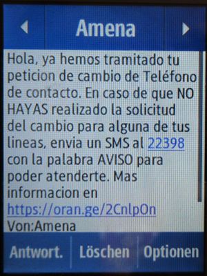 amena.com internet 4G en casa, Vertrag, Spanien, SMS Sicherheit Telefonnummernänderung auf einem Samsung Rex80 GT–S5220R