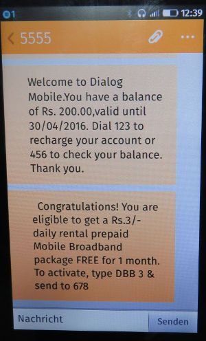 Dialog prepaid SIM Karte Sri Lanka, SMS mit Begrüßungstext auf einem ZTE Open C Mobiltelefon