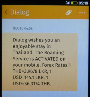 Dialog prepaid SIM Karte Sri Lanka, Roaming Information in Thailand SMS auf einem ZTE Open C Mobiltelefon