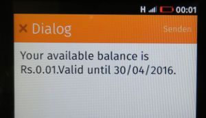 Dialog prepaid SIM Karte Sri Lanka, Anzeige vom Guthaben und der Gültigkeit auf einem ZTE Open C Mobiltelefon