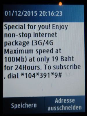 DTAC Call to dtac numbers prepaid SIM Karte, Internet Paket Werbung auf einem Samsung GT–C3300K