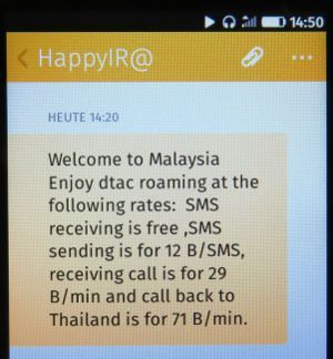 DTAC Call to dtac numbers prepaid SIM Karte, SMS mit Roaming Info Malaysia 2015 auf einem ZTE Open C