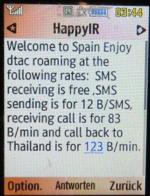 DTAC Call to dtac numbers prepaid SIM Karte, SMS mit Roaminginformationen in Spanien im Februar 2016 auf einem Samsung GT–C3200