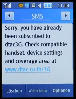 DTAC Happy Holiday SIM Karte, Meldung nach der Aktivierung von 3G