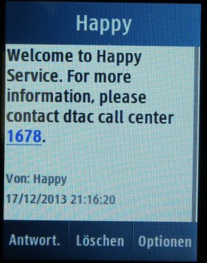 DTAC Smartphone prepaid SIM Karte, Willkommensmeldung SMS