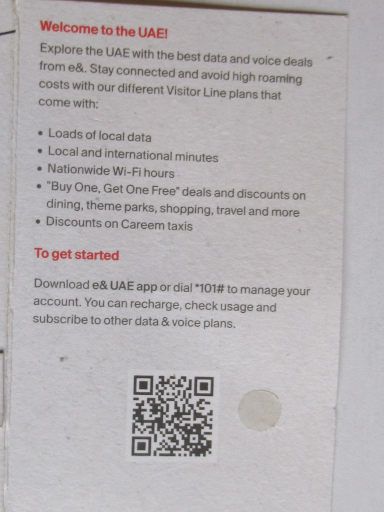 etisalat and Visitor Line prepaid SIM Karte, Vereinigte Arabische Emirate, Hinweise und QR Code