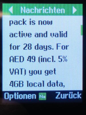 etisalat and Visitor Line prepaid SIM Karte, Vereinigte Arabische Emirate, SMS mit Visitor Line Paket auf einem danew KONNECT 34 Mobiltelefon