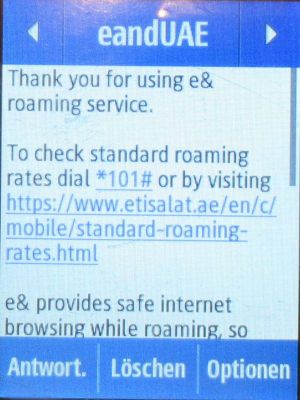 etisalat and Visitor Line prepaid SIM Karte, Vereinigte Arabische Emirate, SMS mit Roaming Informationen auf einem Samsung Rex80 GT&ndash;S5220R Mobiltelefon