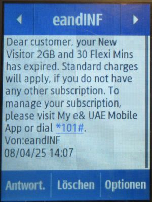 etisalat and Visitor Line prepaid SIM Karte, Vereinigte Arabische Emirate, SMS mit Paket G&uuml;ltigkeit auf einem Samsung Rex80 GT&ndash;S5220R Mobiltelefon