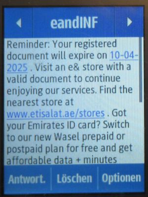etisalat and Visitor Line prepaid SIM Karte, Vereinigte Arabische Emirate, SMS mit Abschaltung SIM Karte auf einem Samsung Rex80 GT&ndash;S5220R Mobiltelefon