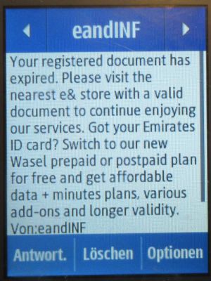etisalat and Visitor Line prepaid SIM Karte, Vereinigte Arabische Emirate, SMS mit Abschaltung SIM Karte auf einem Samsung Rex80 GT&ndash;S5220R Mobiltelefon