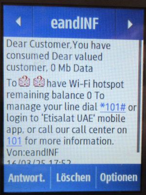 etisalat and Visitor Line prepaid SIM Karte, Vereinigte Arabische Emirate, SMS mit Datenvolumen Informationen auf einem Samsung Rex80 GT&ndash;S5220R Mobiltelefon