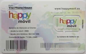 Happy Móvil, prepaid UMTS SIM Karte, Spanien, SIM Karte mit Kunststoffkartenhalter Rückseite