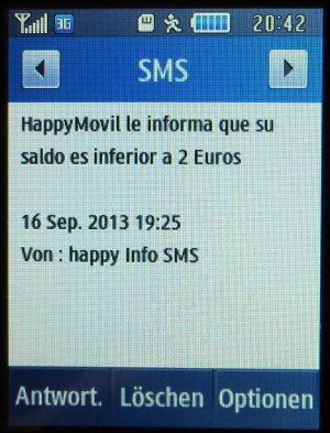 Happy Móvil, prepaid UMTS SIM Karte, Spanien, SMS mit dem Hinweis auf geringes Guthaben