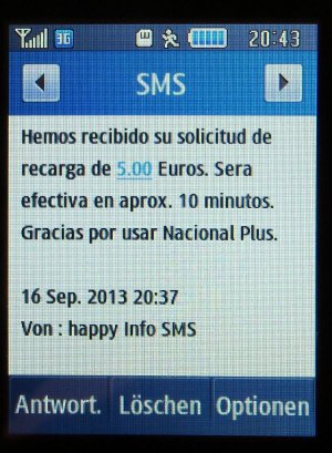 Happy Móvil, prepaid UMTS SIM Karte, Spanien, SMS mit der Aufladebestätigung