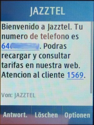 Jazzcard móvil, prepaid UMTS SIM Karte, Spanien, SMS auf einem Samsung GT–C3300K nach der Aktivierung