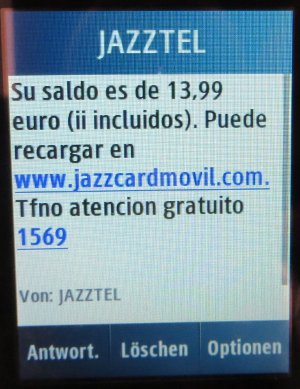 Jazzcard móvil, prepaid UMTS SIM Karte, Spanien, SMS auf einem Samsung GT–C3300K nach der Aufladung