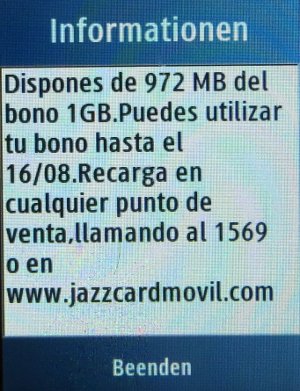 Jazzcard móvil, prepaid UMTS SIM Karte, Spanien, Anzeige vom Datenvolumen auf einem Samsung GT–C3300K