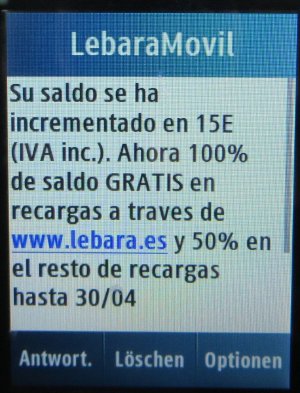 Lebara móvil, prepaid UMTS SIM Karte, Spanien, Guthaben nach erster 10,– € Aufladung