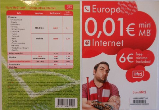 life:) prepaid SIM Karte Ukraine, Starter Set aufgeklapppte Front und Rückseite