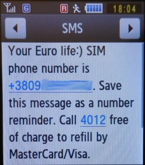 life:) prepaid SIM Karte Ukraine, SMS mit Informationen zur eigenen Nummer und zum Auffüllen per Kreditkarte