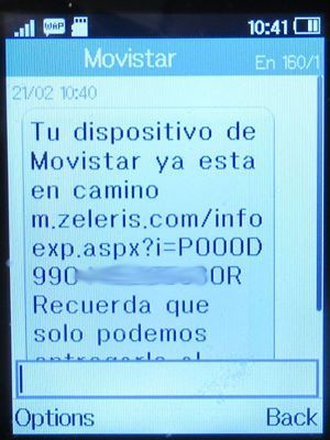 Movistar Prepago Plus - Total, prepaid SIM Karte, Spanien, SMS Versandankündigung von Movistar auf einem Alcatel 2051X