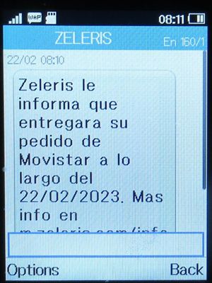 Movistar Prepago Plus - Total, prepaid SIM Karte, Spanien, SMS Versandankündigung von Zeleris auf einem Alcatel 2051X