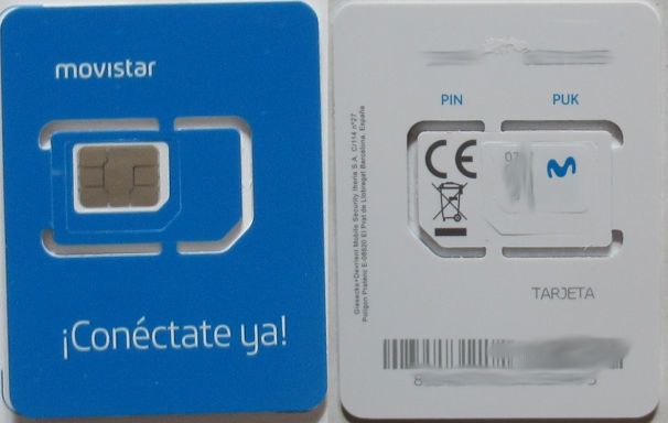 Movistar Prepago Plus - Total, prepaid SIM Karte, Spanien, SIM Karte im Kunststoffhalter Vorder- und Rückseite