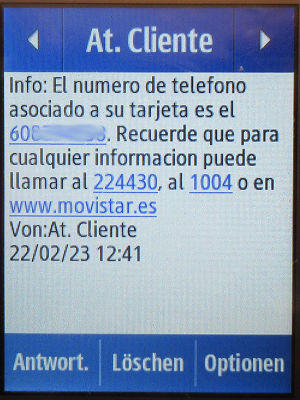 Movistar Prepago Plus - Total, prepaid SIM Karte, Spanien, SMS Tarif Info und Rufnummer auf einem Samsung Rex80 GT-S5220R