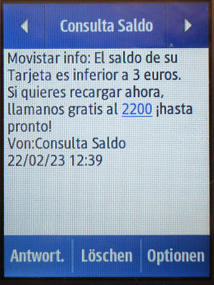 Movistar Prepago Plus - Total, prepaid SIM Karte, Spanien, SMS Info Guthaben auf einem Samsung Rex80 GT-S5220R