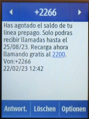 Movistar Prepago Plus - Total, prepaid SIM Karte, Spanien, SMS Info Guthaben Gültigkeit auf einem Samsung Rex80 GT-S5220R