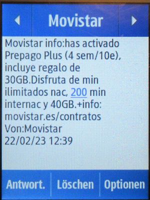 Movistar Prepago Plus - Total, prepaid SIM Karte, Spanien, SMS Tarif Info auf einem Samsung Rex80 GT-S5220R