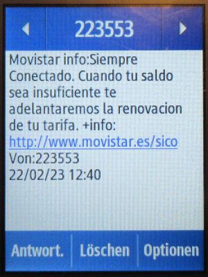 Movistar Prepago Plus - Total, prepaid SIM Karte, Spanien, SMS Guthaben Vorschuss Info auf einem Samsung Rex80 GT-S5220R