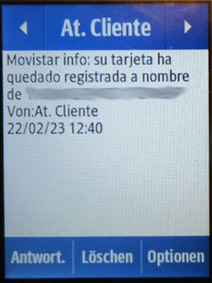 Movistar Prepago Plus - Total, prepaid SIM Karte, Spanien, SMS Registrierungs Info auf einem Samsung Rex80 GT-S5220R