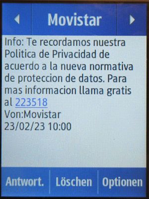 Movistar Prepago Plus - Total, prepaid SIM Karte, Spanien, SMS Datenschutz Info auf einem Samsung Rex80 GT-S5220R
