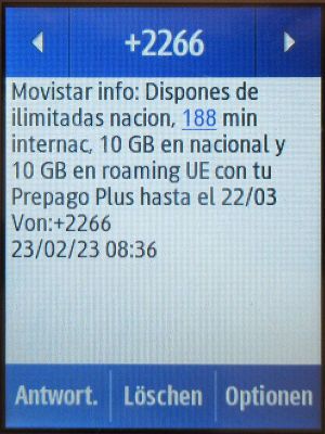 Movistar Prepago Plus - Total, prepaid SIM Karte, Spanien, SMS Guthaben Info auf einem Samsung Rex80 GT-S5220R