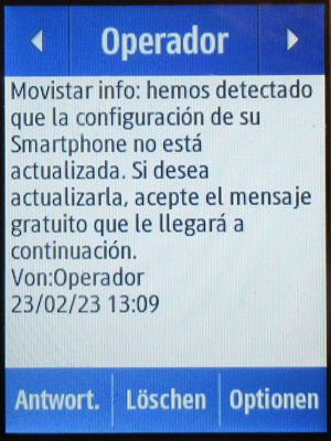 Movistar Prepago Plus - Total, prepaid SIM Karte, Spanien, SMS Info Smartphone Einstellungen auf einem Samsung Rex80 GT-S5220R