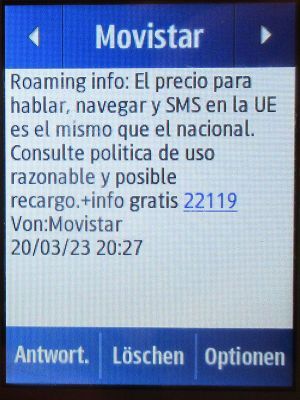 Movistar Prepago Plus - Total, prepaid SIM Karte, Spanien, SMS Tarif Info im März 2023 in Frankreich auf einem Samsung Rex80 GT-S5220R