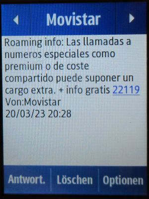 Movistar Prepago Plus - Total, prepaid SIM Karte, Spanien, SMS Tarif Info Sondernummern im März 2023 in Frankreich auf einem Samsung Rex80 GT-S5220R