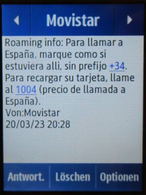 Movistar Prepago Plus - Total, prepaid SIM Karte, Spanien, SMS Info Landesvorwahl im März 2023 in Frankreich auf einem Samsung Rex80 GT-S5220R