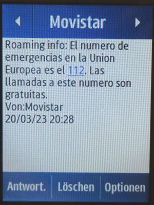 Movistar Prepago Plus - Total, prepaid SIM Karte, Spanien, SMS Info Notruf 112 im März 2023 in Frankreich auf einem Samsung Rex80 GT-S5220R